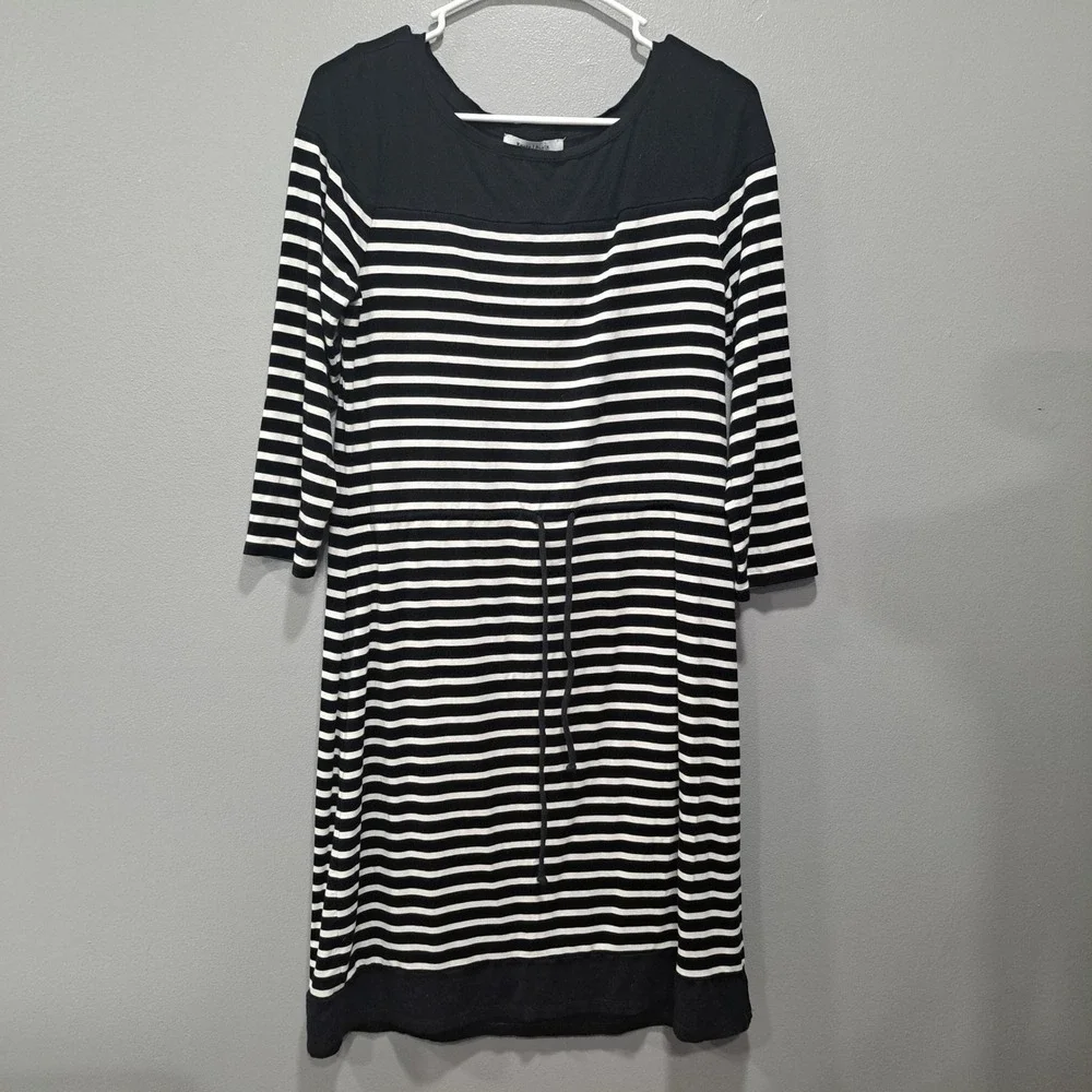 White House Black Market Striped Drawstring Knit Dress Black White 3/4‎ Sleeve M